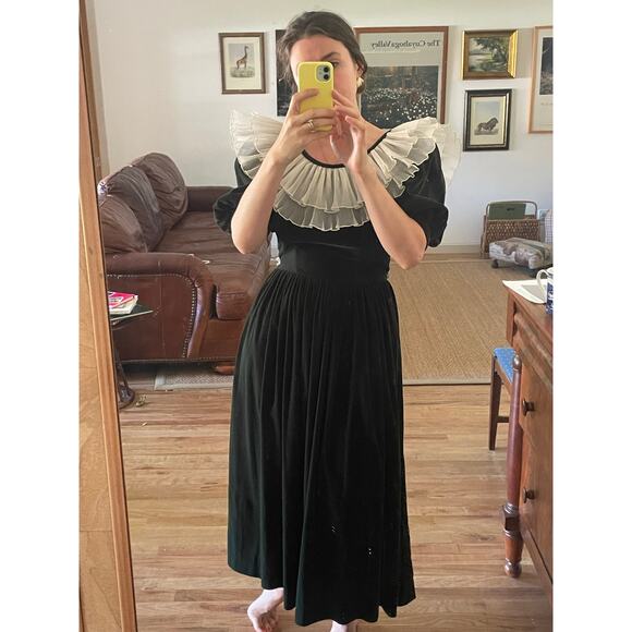 Green Vintage Velvet Midi Dress Lace Collar - Picture 2 of 11